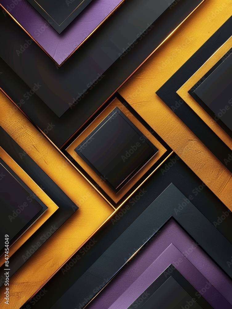 An abstract pattern of geometric shapes with squares and lines in purple, gold and black colors. An abstract pattern of geometric shapes with squares and lines in purple, gold and black colors.