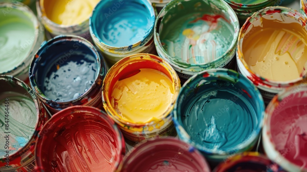 an arrangement of open paint cans from a top to bottom perspective. The cans are filled with various colors of paint, including red, yellow, pink, purple, brown, green, blue, and orange an arrangement of open paint cans from a top to bottom perspective. The cans are filled with various colors of paint, including red, yellow, pink, purple, brown, green, blue, and orange