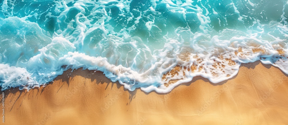 Tranquil beach view where soft waves kiss the sandy shore. Crystal blue water, golden sand. Ideal backdrop for summer vacation ads. Tranquil beach view where soft waves kiss the sandy shore. Crystal blue water, golden sand. Ideal backdrop for summer vacation ads.