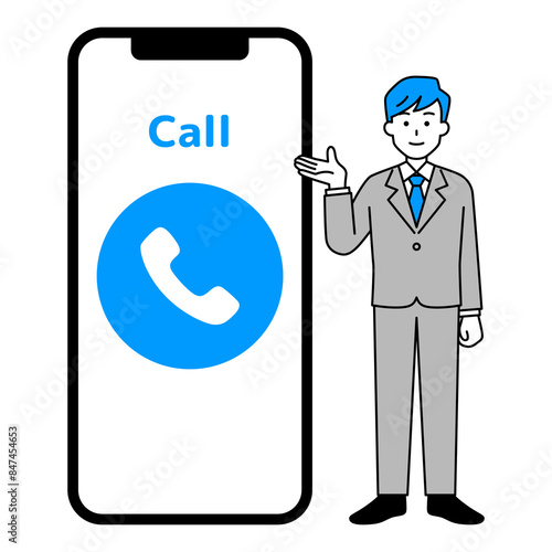 電話のマークが表示された大きいスマートフォンとスーツの男性