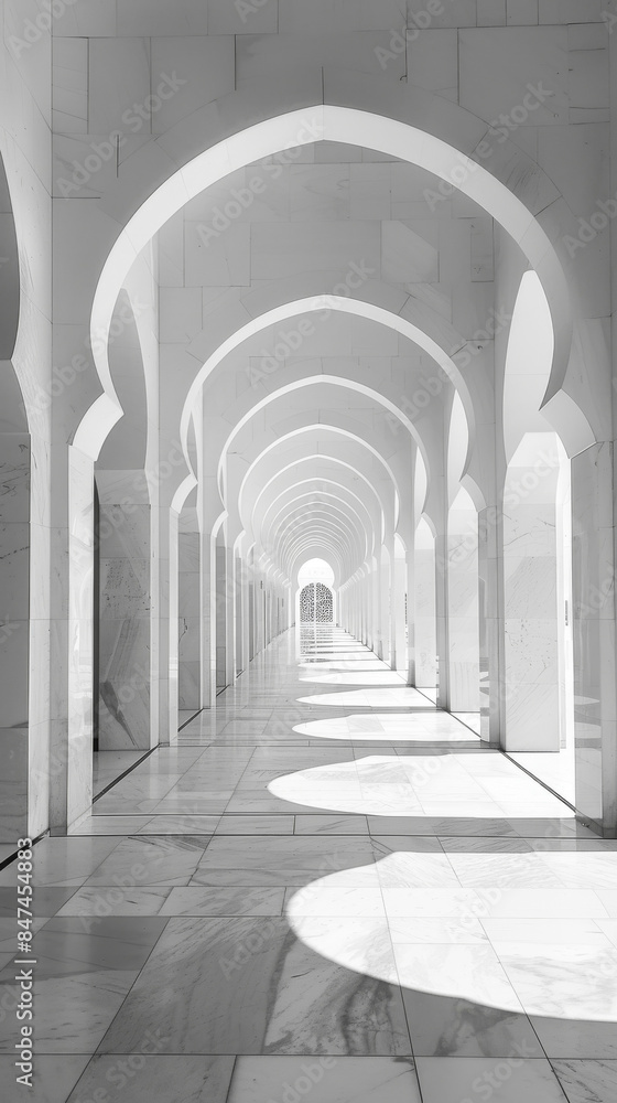 A long, narrow hallway with arched doorways and white walls A long, narrow hallway with arched doorways and white walls