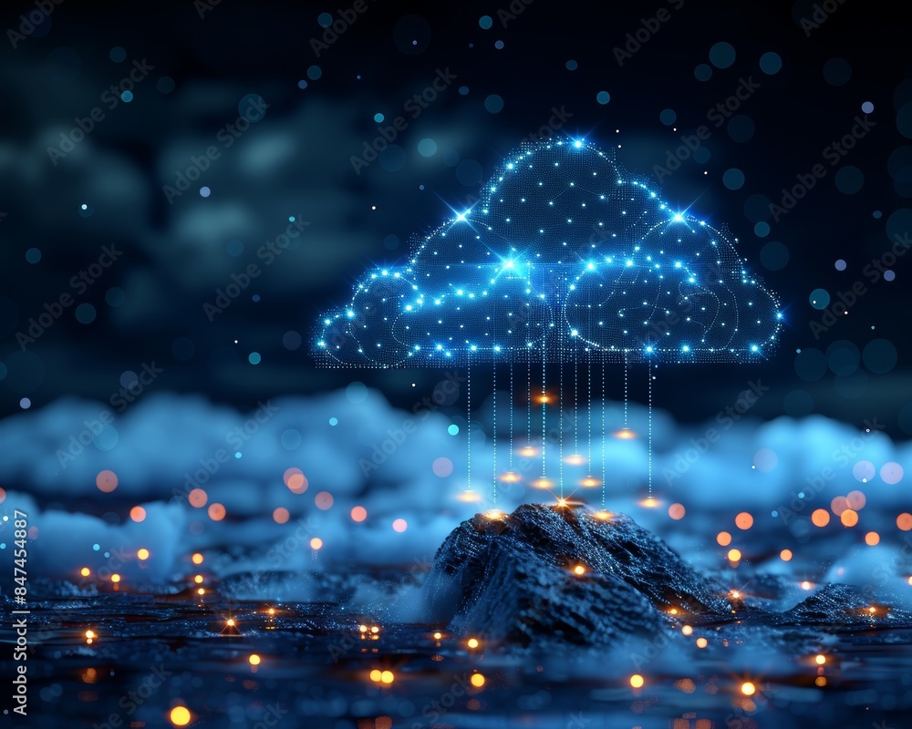 Digital cloud represented with glowing lights in a dark, starry environment. Symbolizing future technology and cloud computing. Digital cloud represented with glowing lights in a dark, starry environment. Symbolizing future technology and cloud computing.