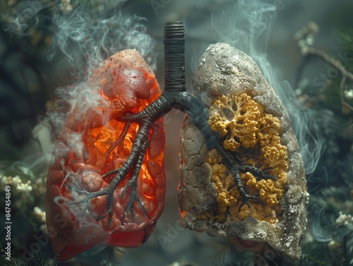 Conceptual image of healthy and unhealthy lungs side by side, highlighting the damaging effects of smoking or pollution. photo