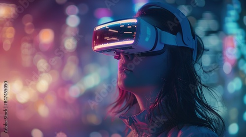 A Young Woman Embraces the Future, Immersed in a Virtual World Through VR Glasses © Koplexs-Stock