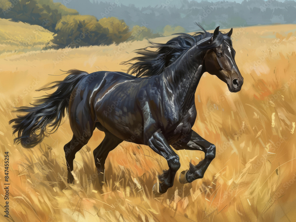 Capture a highangle view of a sleek black stallion in a sunlit field, showcasing its elegant form and graceful movement in a photorealistic style Capture a highangle view of a sleek black stallion in a sunlit field, showcasing its elegant form and graceful movement in a photorealistic style