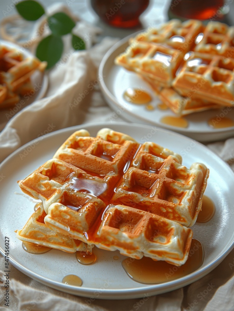 A delicious serving of waffles and syrup on a plate on a table with a linen tablecloth. A delicious serving of waffles and syrup on a plate on a table with a linen tablecloth.