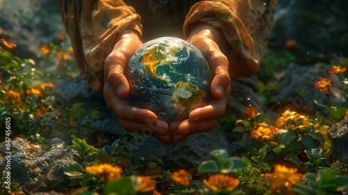 Hands gently holding a miniature Earth surrounded by flowers, symbolizing nature, care, and environmental conservation. photo