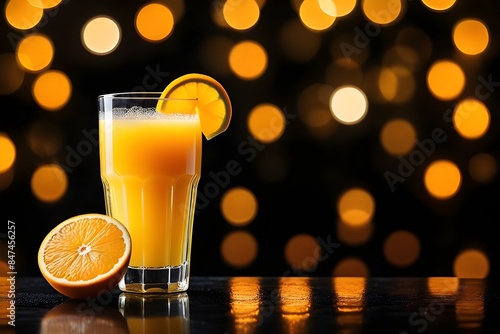 A glass of orange juice is served on a dark bokeh lights background