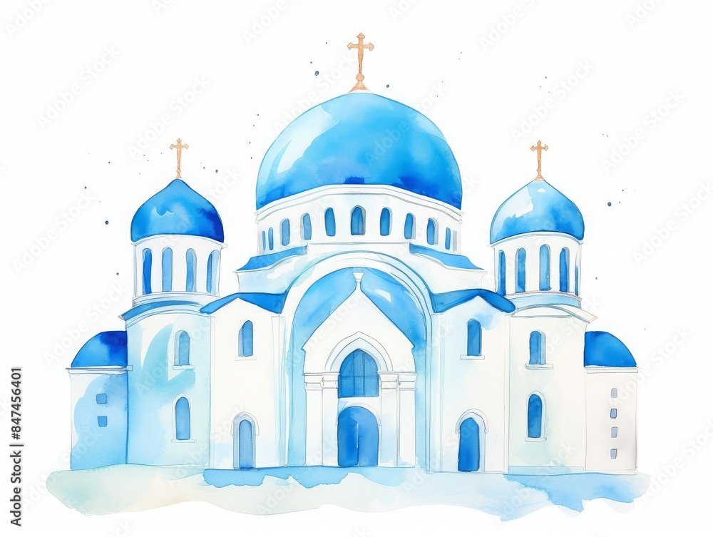 Obraz premium Beautiful watercolor illustration of a blue-domed church with crosses, showcasing intricate architectural details and serene colors.