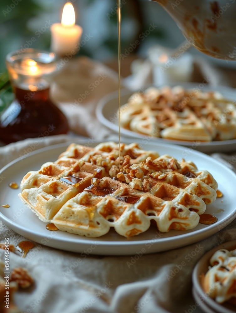 A delicious serving of waffles and syrup on a plate on a table with a linen tablecloth. A delicious serving of waffles and syrup on a plate on a table with a linen tablecloth.