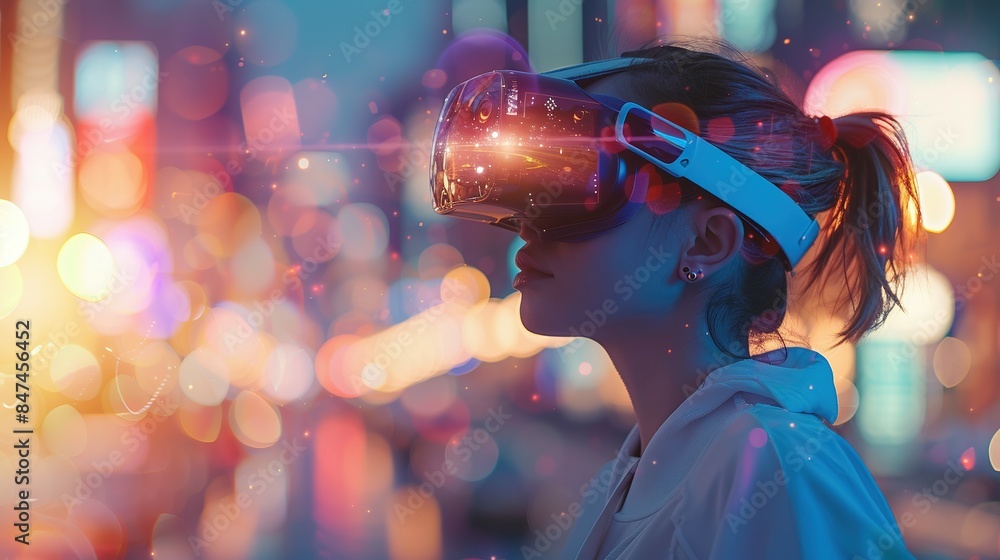 A Young Woman Embraces the Future, Immersed in a Virtual World Through VR Glasses A Young Woman Embraces the Future, Immersed in a Virtual World Through VR Glasses