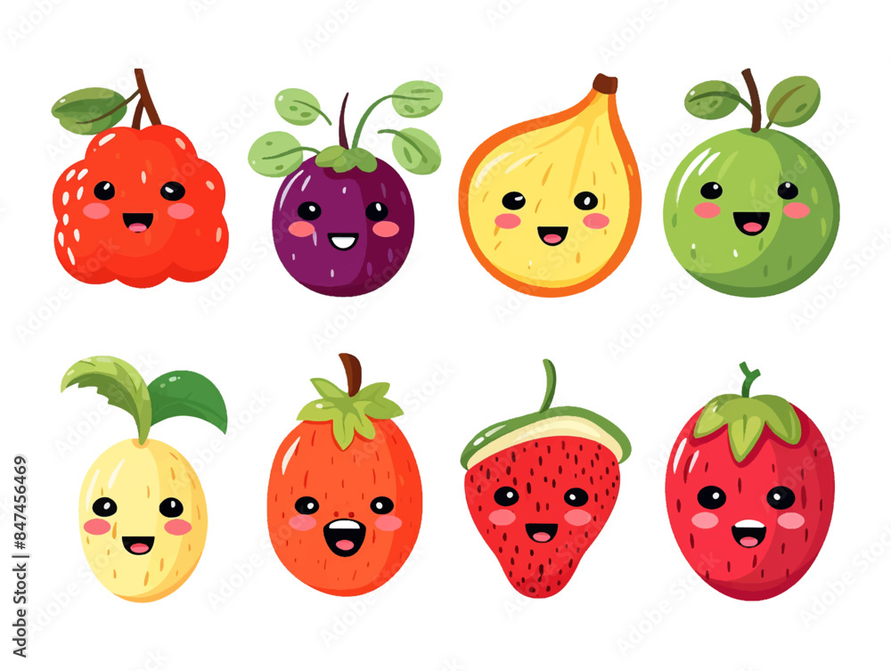 Cute funny cartoon fruit apple, strawberry, watermelon, pineapple, peach, orange, pear, cherry and lemon. Cartoon fruit character set. Funny emoticon in flat style. Food emoji vector illustration Cute funny cartoon fruit apple, strawberry, watermelon, pineapple, peach, orange, pear, cherry and lemon. Cartoon fruit character set. Funny emoticon in flat style. Food emoji vector illustration
