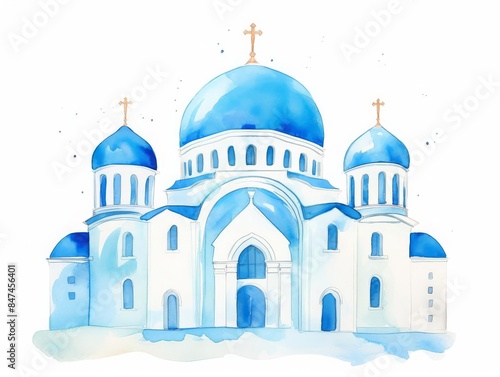 Beautiful watercolor illustration of a blue-domed church with crosses, showcasing intricate architectural details and serene colors.