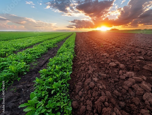 Sunset over a divided field with lush green crops on the left and freshly plowed soil on the right. photo