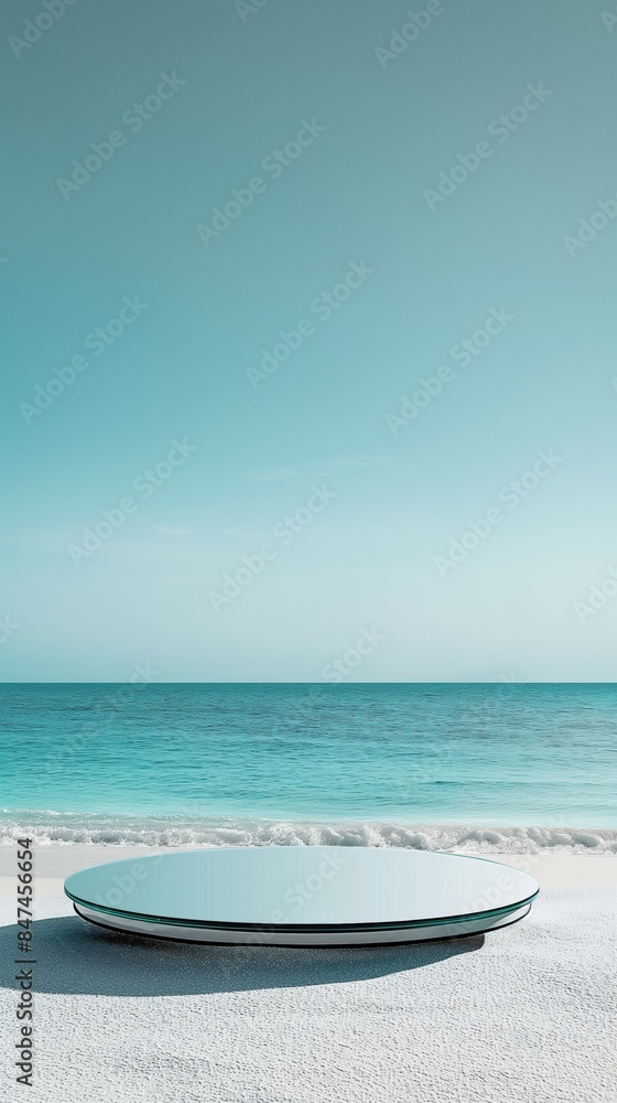 Circular platform on white sand beach with clear blue ocean and sky. Circular platform on white sand beach with clear blue ocean and sky.