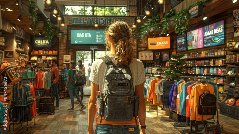 Young woman with backpack shopping in a vibrant outdoor gear store, filled with colorful clothing and accessories under bright lights. Young woman with backpack shopping in a vibrant outdoor gear store, filled with colorful clothing and accessories under bright lights.