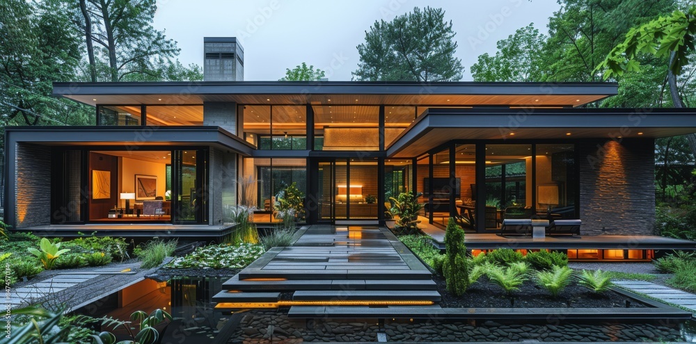 Minimalist house exterior with clean lines and neutral colors, enhanced by thoughtful landscaping and subtle lighting Minimalist house exterior with clean lines and neutral colors, enhanced by thoughtful landscaping and subtle lighting