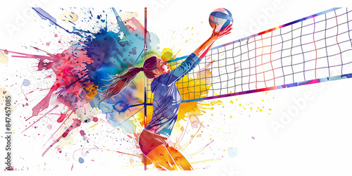A sports poster banner featuring a volleyball. The abstract background with colorful patterns enhances the dynamic design.