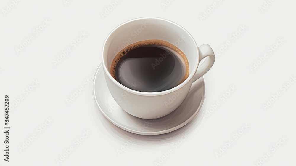 A white ceramic cup filled with freshly brewed black coffee on a matching saucer against a clean white background. A white ceramic cup filled with freshly brewed black coffee on a matching saucer against a clean white background.