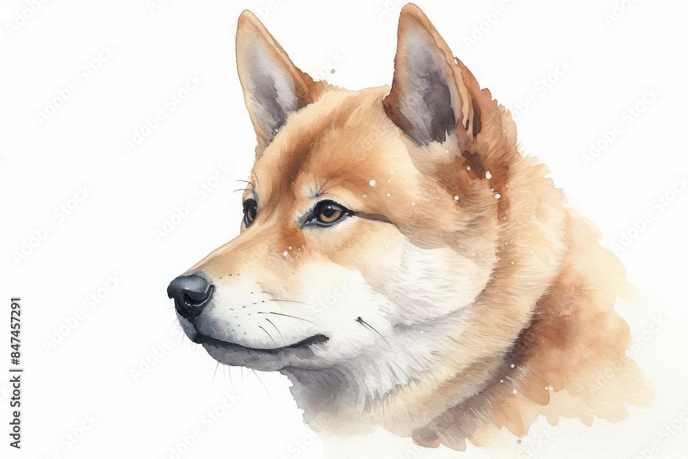 Beautiful watercolor painting of a Shiba Inu dog's head, showcasing fine details and lifelike expressions on a white background. Beautiful watercolor painting of a Shiba Inu dog's head, showcasing fine details and lifelike expressions on a white background.