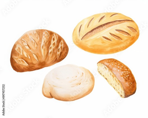 Assortment of freshly baked bread loaves, isolated on white background. Different types of bread with various crust designs.