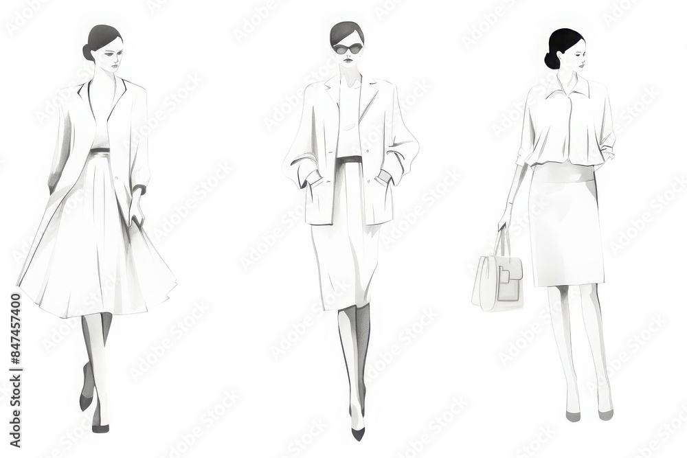 Elegant fashion sketches of three women dressed in stylish outfits, showcasing contemporary and classic designs. Elegant fashion sketches of three women dressed in stylish outfits, showcasing contemporary and classic designs.