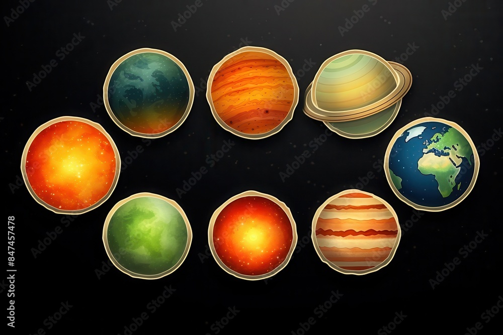 Illustration of planets in the solar system including Earth, showcasing colorful planetary designs against a dark background. Illustration of planets in the solar system including Earth, showcasing colorful planetary designs against a dark background.