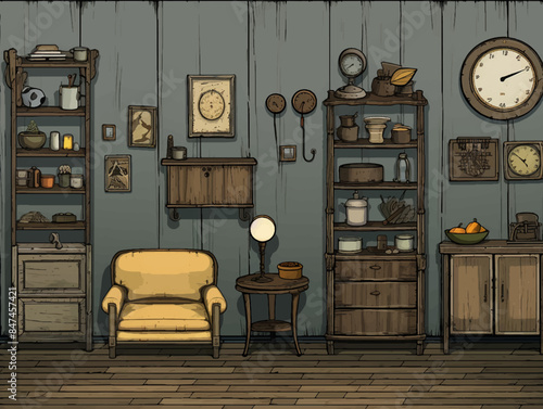Living room decor, home interior design. Rustic Industrial style with Fireplace decorated with Wood and Metal material illustration.