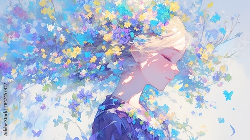 カラフルな花の少女、水彩アート18