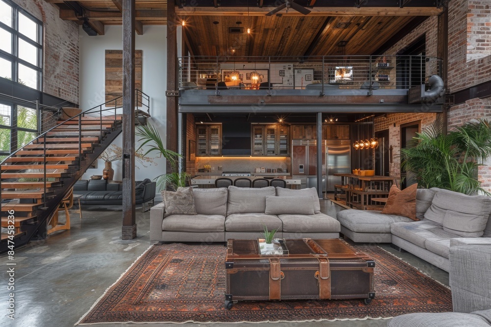 Industrial chic home design with exposed brick walls, steel beams, and concrete floors, featuring soft textiles and warm lighting for comfort and coziness Industrial chic home design with exposed brick walls, steel beams, and concrete floors, featuring soft textiles and warm lighting for comfort and coziness
