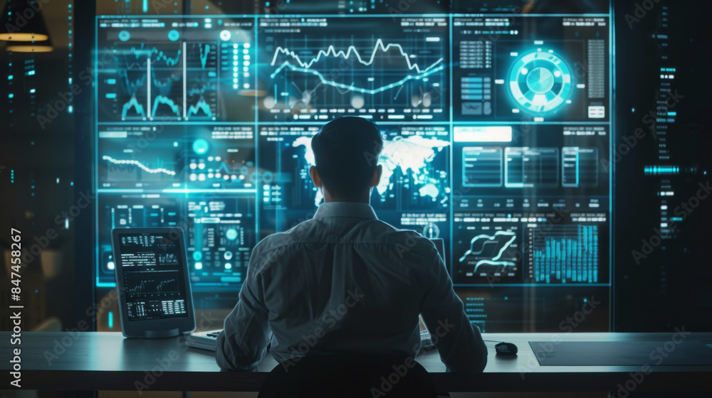 A data analyst working at a desk, monitoring multiple financial graphs and data charts displayed on large digital screens. Data Analyst Monitoring Financial Graphs on Screens
A data analyst working at a desk, monitoring multiple financial graphs and data charts displayed on large digital screens. Data Analyst Monitoring Financial Graphs on Screens
