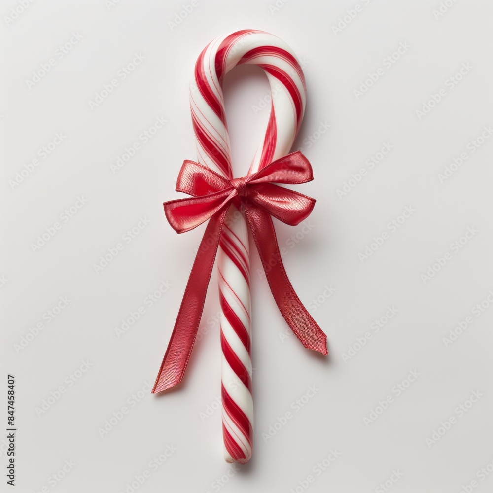 Candy cane with red and white stripes tied with a red ribbon on a white background, perfect for Christmas and holiday themes. Candy cane with red and white stripes tied with a red ribbon on a white background, perfect for Christmas and holiday themes.