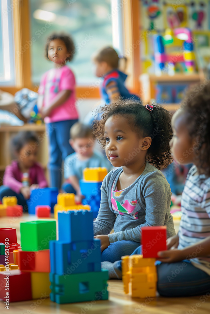 Children Playing with Building Blocks in a Colorful Classroom Children Playing with Building Blocks in a Colorful Classroom