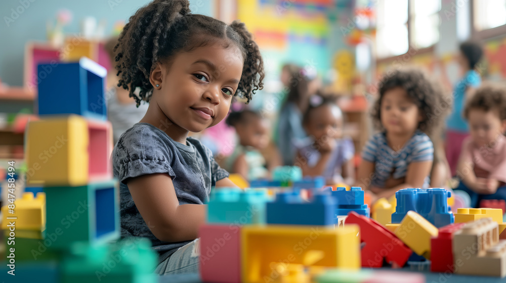 Children Playing with Building Blocks in a Colorful Classroom Children Playing with Building Blocks in a Colorful Classroom