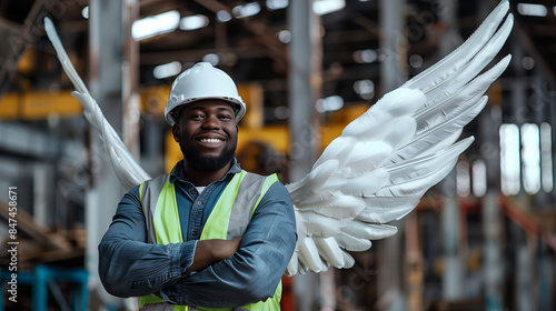 Smiling Construction Worker with Angel Wings, Safety Gear, Hard Hat