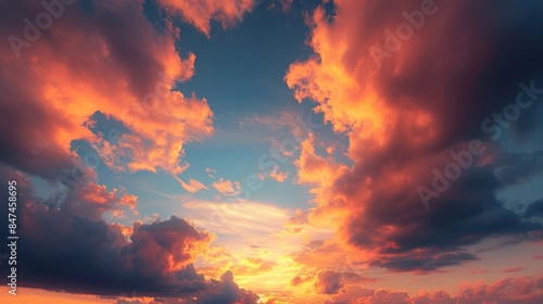Sky at sunset, sky at sunrise, clouds, orange clouds cirrus clouds, cumulus clouds, sky gradient, sky background at dusk, twilight, nightfall, pink sky, pink clouds, sun, environment, Generative AI  © Flash Canvas