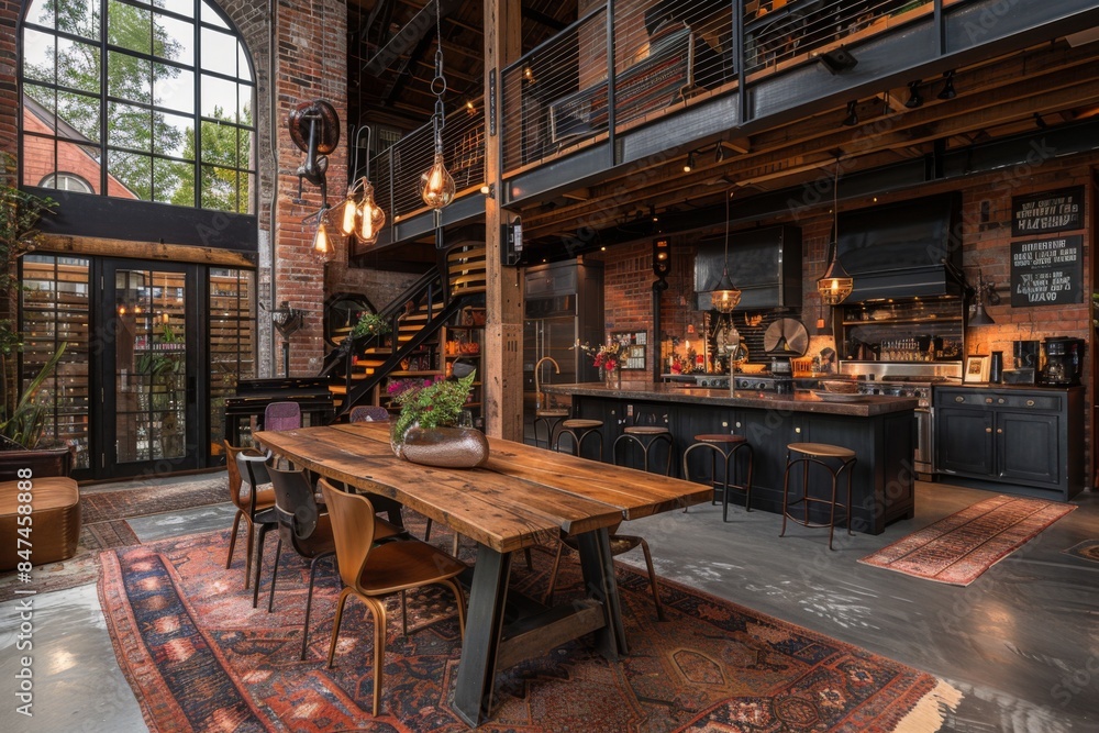 Industrial allure in home design with exposed brick walls, metal accents, and distressed wood elements for a rugged yet refined space Industrial allure in home design with exposed brick walls, metal accents, and distressed wood elements for a rugged yet refined space