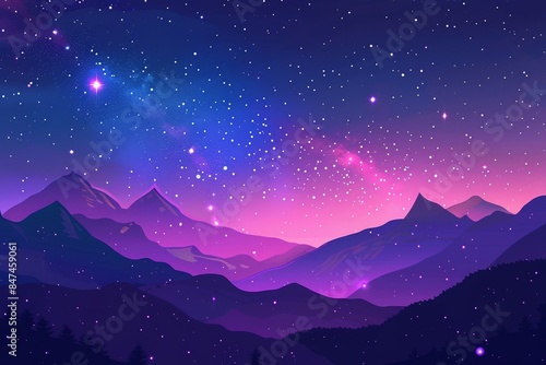A mesmerizing digital illustration of a starry night sky over a serene mountain landscape, with vibrant purple and blue hues. © Jeannaa