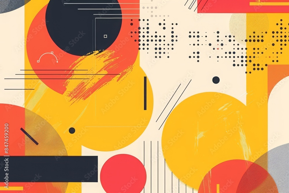 Abstract geometric composition with colorful circles, lines, and shapes. Modern art background ideal for design, print, and digital projects. Abstract geometric composition with colorful circles, lines, and shapes. Modern art background ideal for design, print, and digital projects.