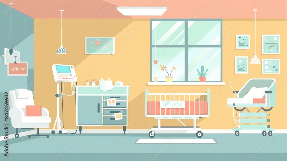 Bright and clean hospital nursery room with medical equipment, crib, and large windows letting in natural light for a soothing atmosphere. Bright and clean hospital nursery room with medical equipment, crib, and large windows letting in natural light for a soothing atmosphere.