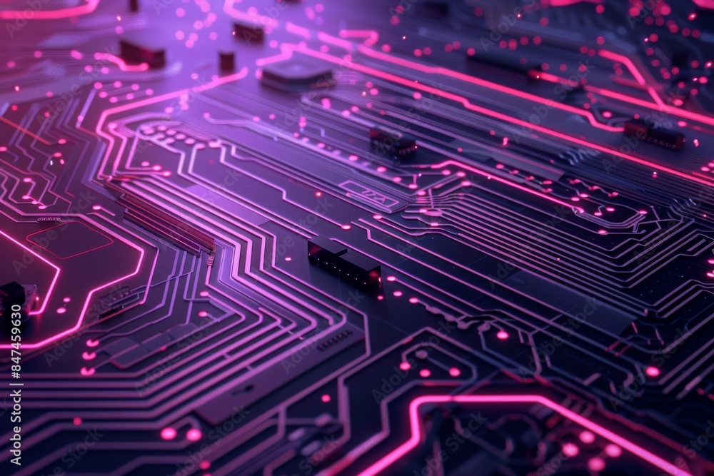 Close-up of a futuristic computer motherboard with glowing neon pink circuitry, illustrating advanced technology and digital innovation. Close-up of a futuristic computer motherboard with glowing neon pink circuitry, illustrating advanced technology and digital innovation.