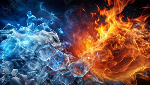3D Rendering of abstract Fire and Ice element against vs each other background. Heat and Cold concept.