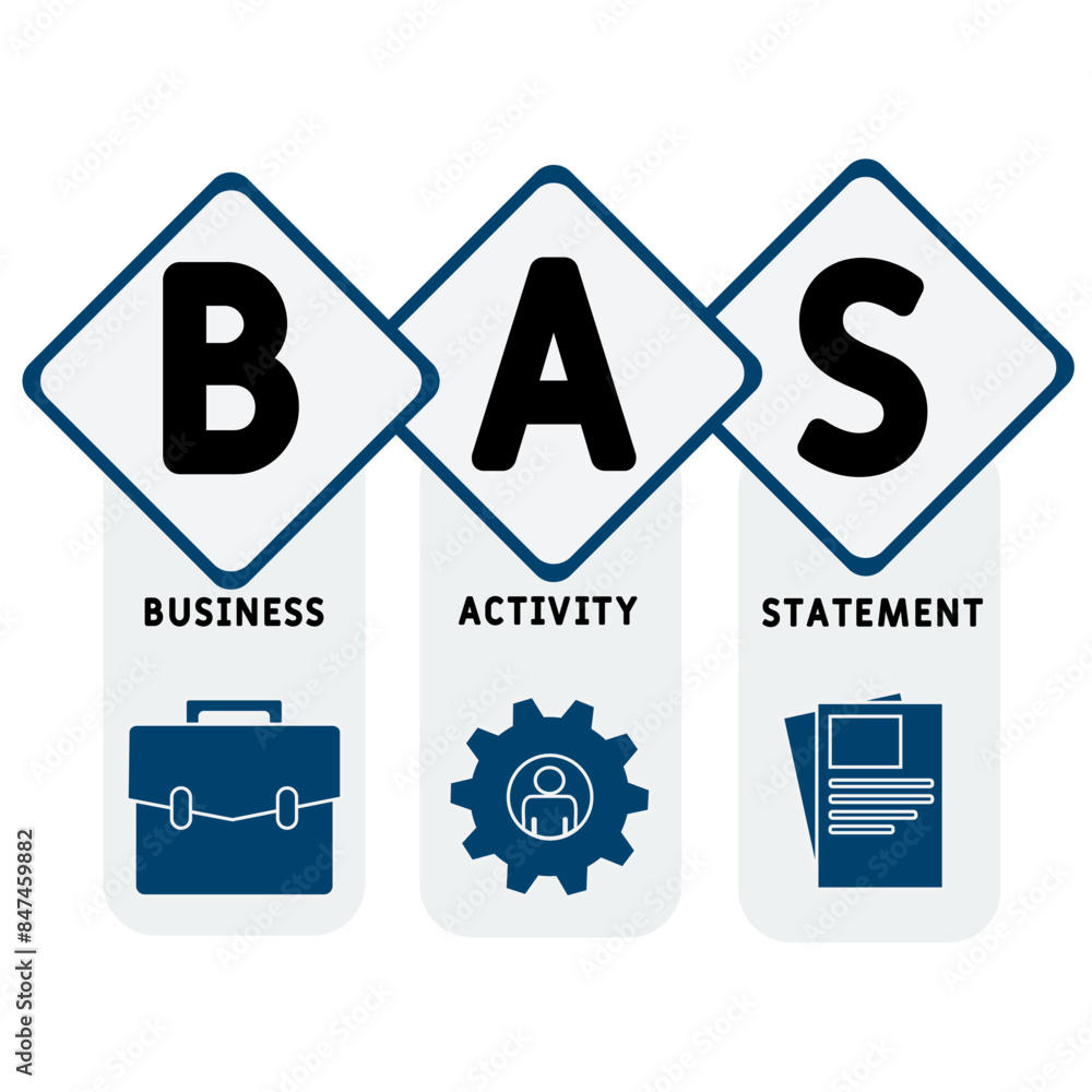 BAS - Business Activity Statement acronym. business concept background. vector illustration concept with keywords and icons. lettering illustration with icons for web banner, flyer, landing pag BAS - Business Activity Statement acronym. business concept background. vector illustration concept with keywords and icons. lettering illustration with icons for web banner, flyer, landing pag