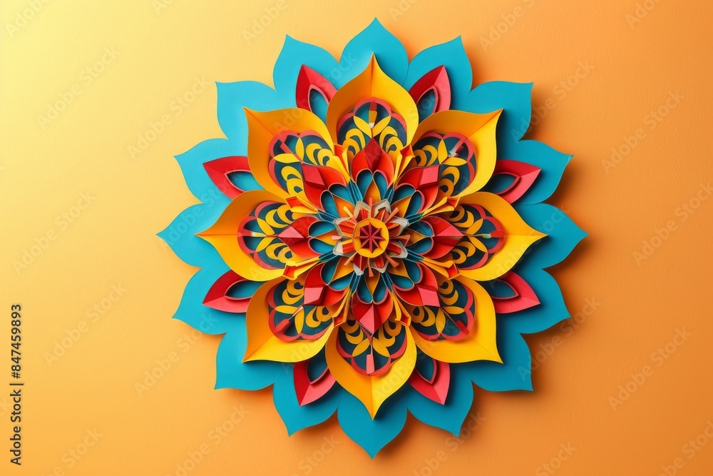 Colorful paper art mandala with intricate patterns on an orange background. Perfect for design and artistic projects. Colorful paper art mandala with intricate patterns on an orange background. Perfect for design and artistic projects.