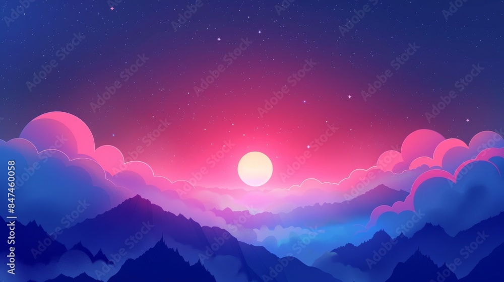 Digital art of a dreamy pink and blue sunset sky with billowing clouds and silhouetted mountains Digital art of a dreamy pink and blue sunset sky with billowing clouds and silhouetted mountains