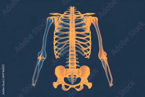 Detailed 3D rendering of the human skeletal system highlighting bones and structure against a dark background. photo