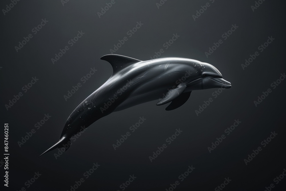 Obraz premium Graceful dolphin swimming in dark waters, highlighting its sleek form and smooth movements. Captured in a minimalistic, dramatic style.