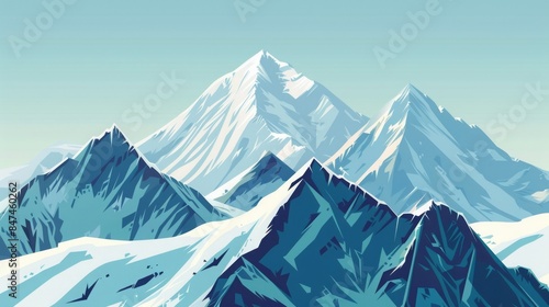 Illustrated snow-covered mountain peaks under a clear sky, showcasing the beauty of majestic and serene winter landscapes.