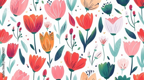 floral pattern with colorful tulip flowers, leaves, and buds on a white background, ideal for spring and summer designs.