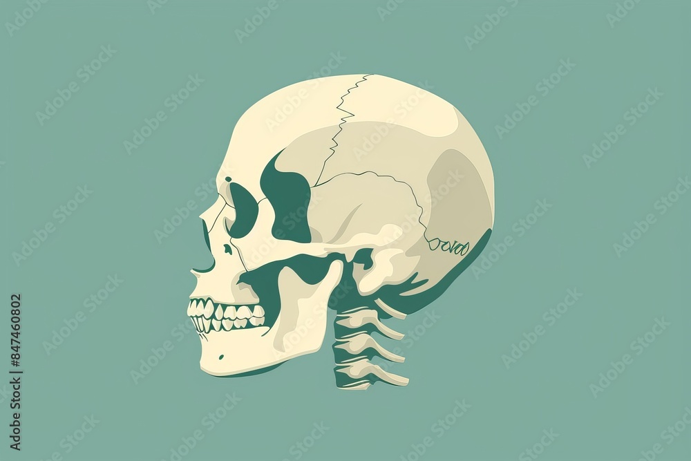 illustration of a human skull in profile view on a teal background, showcasing anatomical details of bones and structure. illustration of a human skull in profile view on a teal background, showcasing anatomical details of bones and structure.